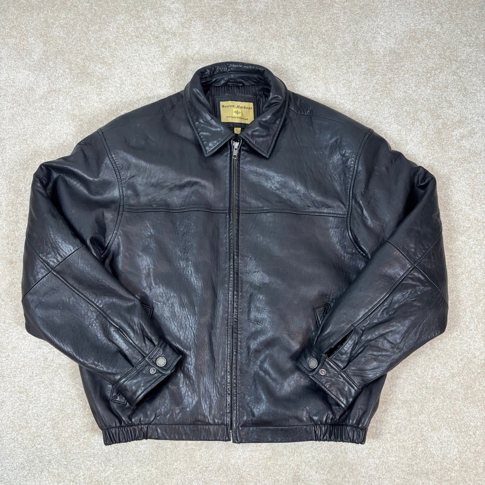 Boston Harbour Mens Black Genuine Leather Bomber Jacket Large Full Zip